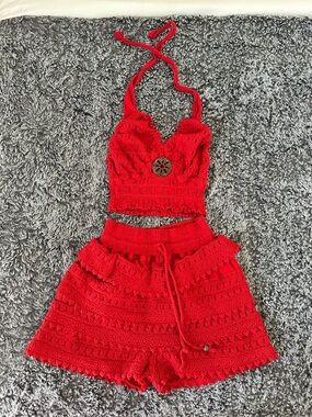 Crochet Red Two-Piece Halter Top and Shorts Set